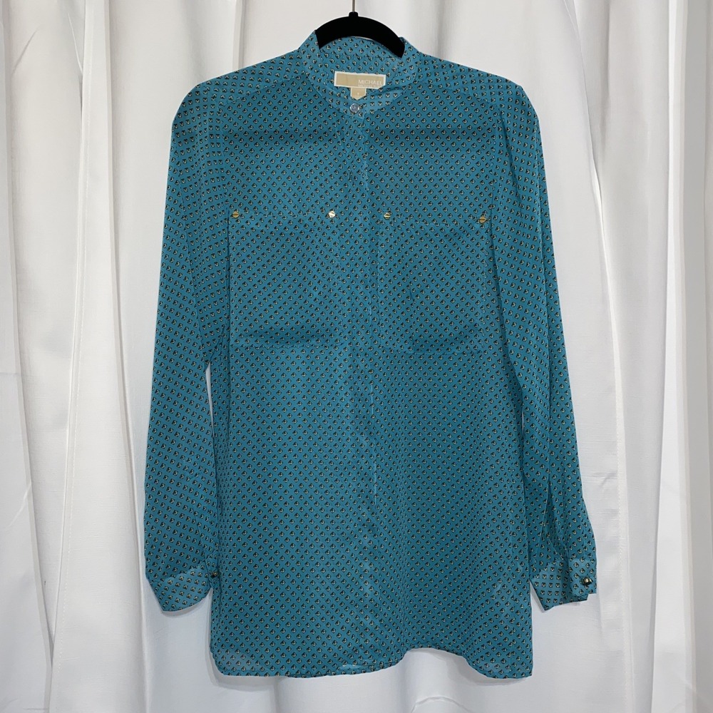Michael Kors Long Sleeve Collared Blouse Womens Small Teal Gold Diamond Design